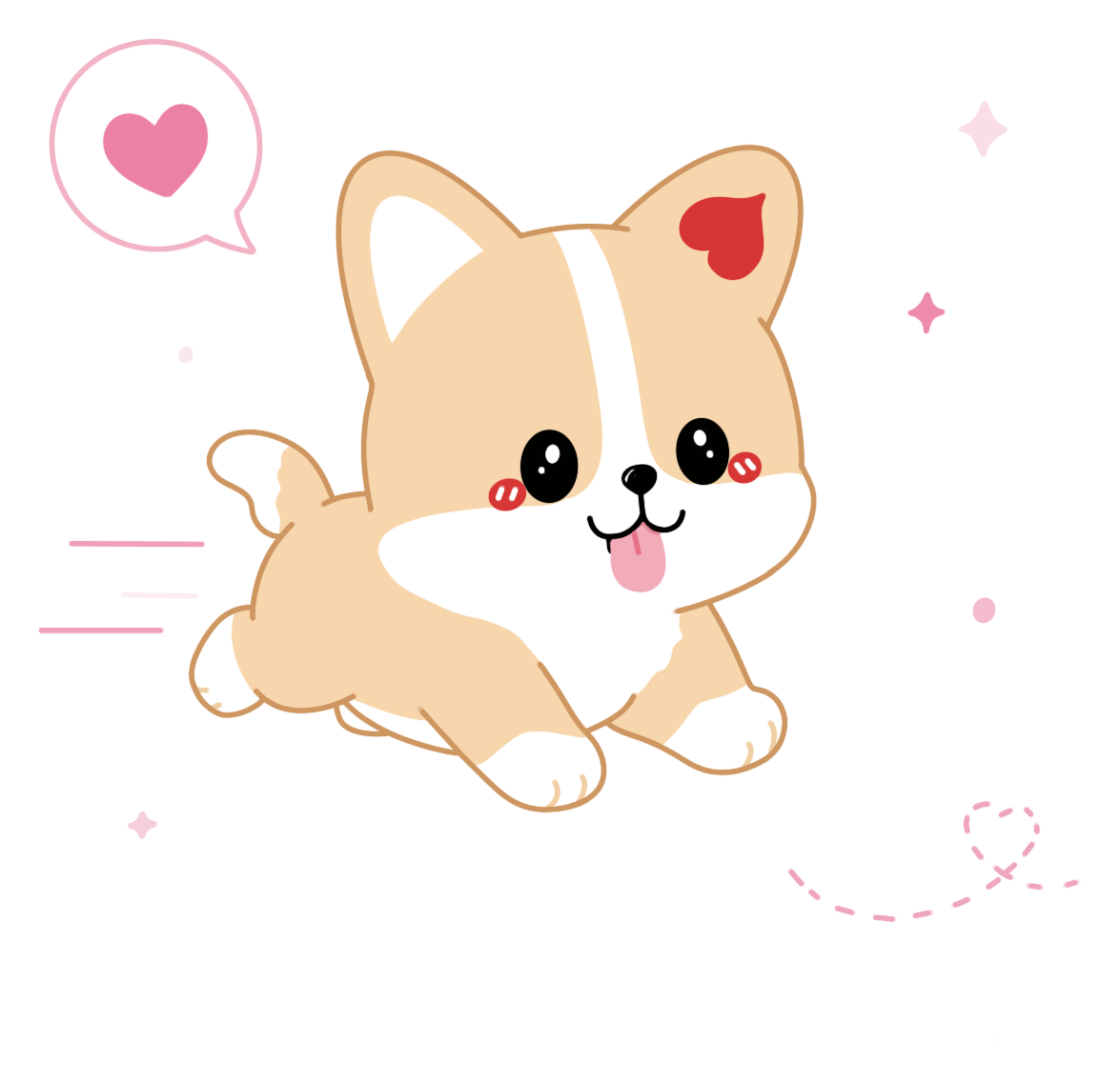 Illustrated corgi mascot running with a speech bubble heart, drawn for the DotDotBang concept