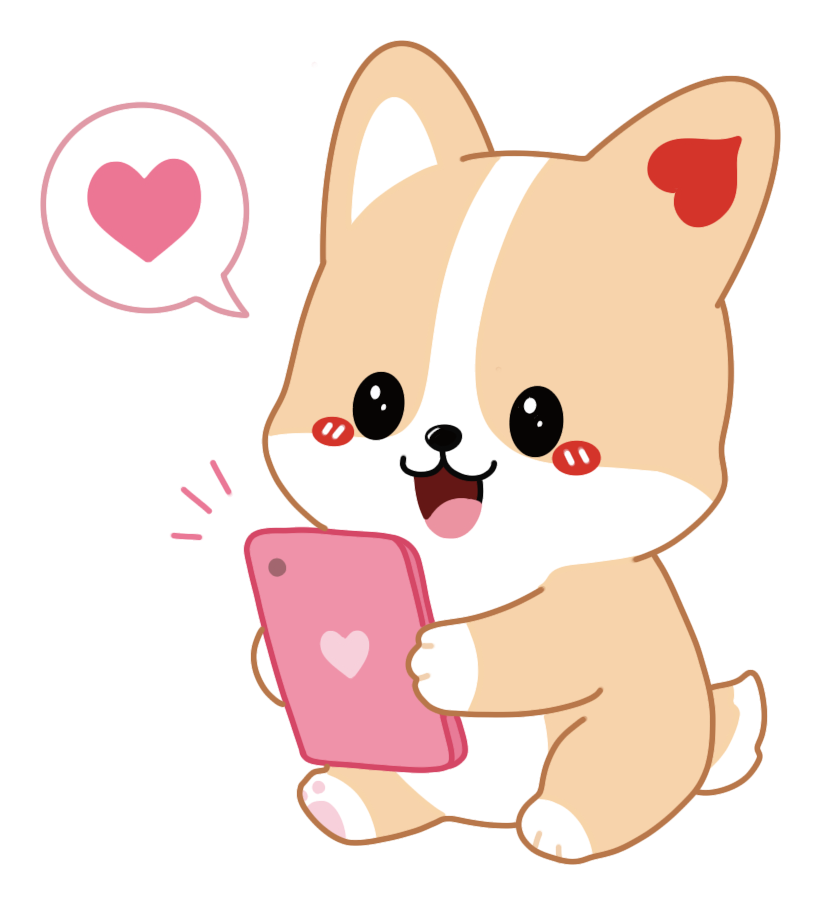 Illustrated corgi mascot wearing heart sunglasses in a pool float, drawn for the DotDotBang concept