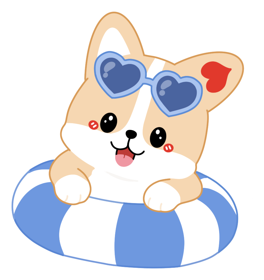 Illustrated corgi mascot holding a phone with a heart on screen, drawn for the DotDotBang concept