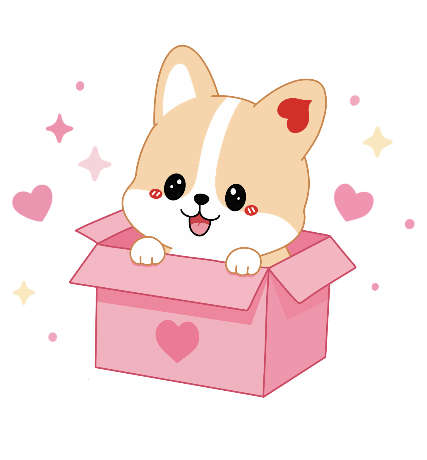 Illustrated corgi mascot peeking out of a pink gift box, drawn for the DotDotBang concept