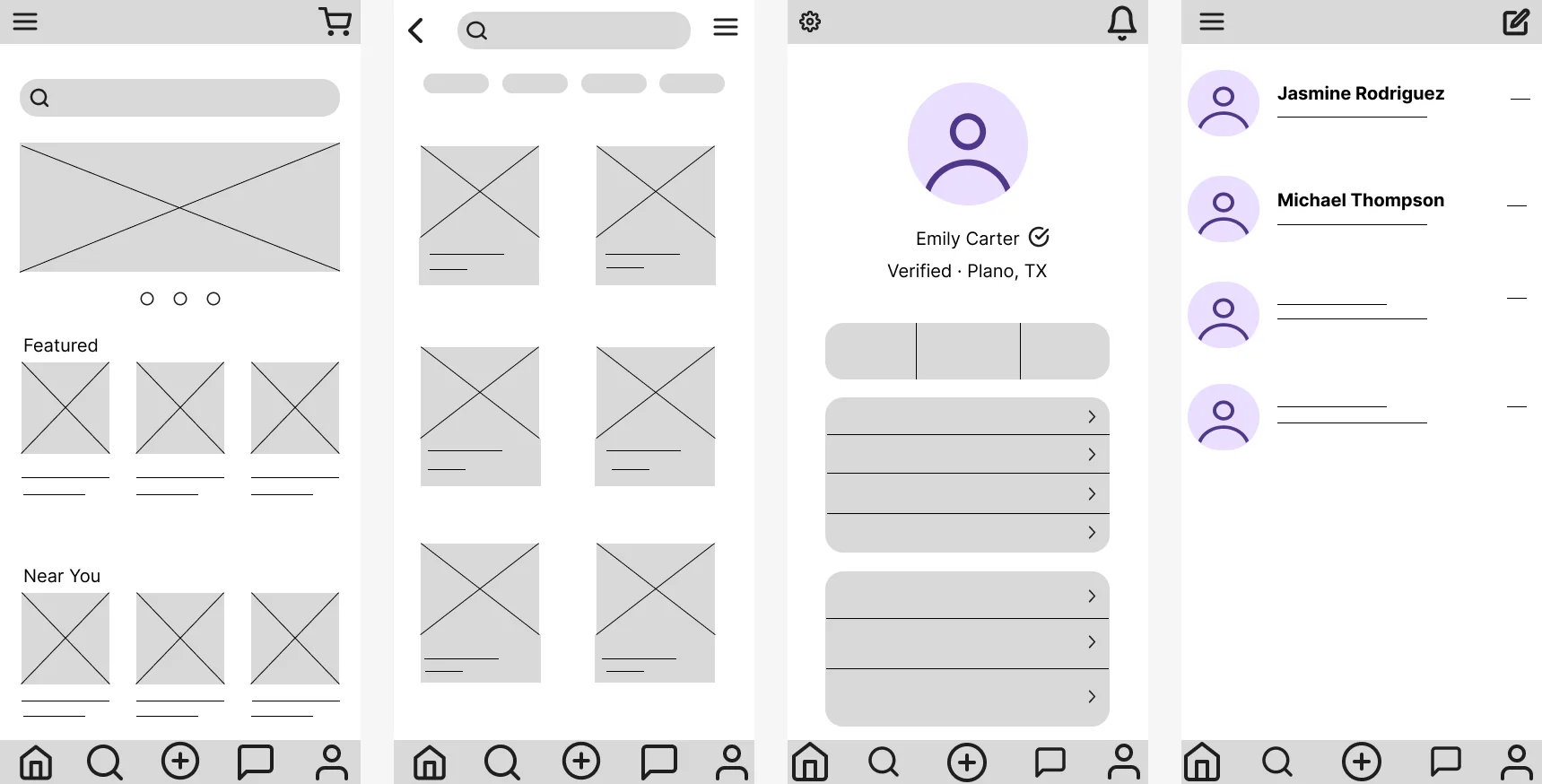 Four low-fidelity SproutLoop wireframes made in Figma: home/browse feed with featured and near-you sections, search results grid, a seller profile page, and a messages list.